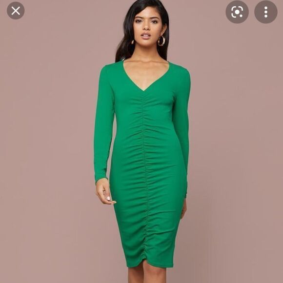 Bebe Green V-Neck Shirred Dress - Picture 1 of 15